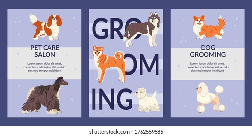 Set von Karten und Tags Vorlagen, Vektorgrafik flach. Flyer für Tierpflegesalon und Heimtierläden. Hunde grooming Banner, Promo Poster, Coupon. Einladung zu einer Party bei Tieren.