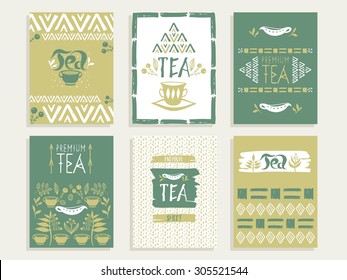 Set of cards with the tea, tea leaves, mugs, teapot, berries, ethnic ornaments.