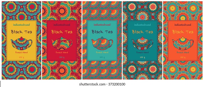 Set of cards or tea package with ethnic ornaments. Oriental indian style. Hand-drawn patterns with round elements