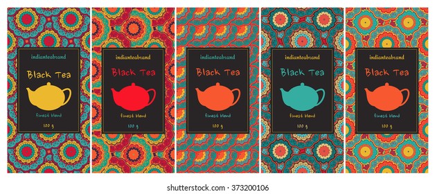 Set of cards or tea package with ethnic ornaments. Oriental indian style. Hand-drawn patterns with round elements