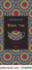 Set of cards or tea package with ethnic ornaments. Oriental indian style. Hand-drawn patterns with round elements