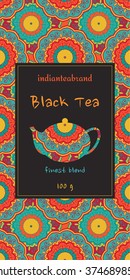 Set of cards or tea package with ethnic ornaments. Oriental indian style. Hand-drawn patterns with round elements