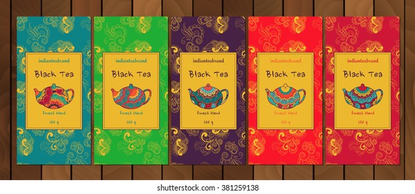 Set of cards or tea package with ethnic ornaments. Oriental indian style. Hand-drawn patterns with round elements