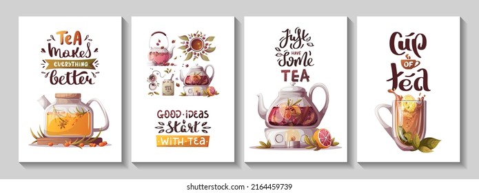 Set of cards with teapots, loose tea, teacups, handwritten quotes. Tea shop, cafe-bar, tea lover, beverages concept. A4 vector illustration for poster, banner, cover, card, postcard. 