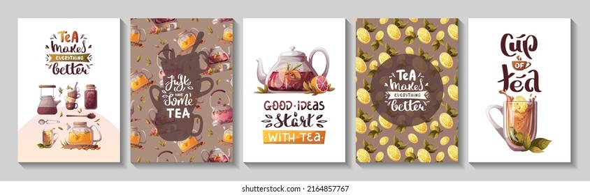 Set of cards with teapots, loose tea, teacups, handwritten quotes. Tea shop, cafe-bar, tea lover, beverages concept. A4 vector illustration for poster, banner, cover, card, postcard. 