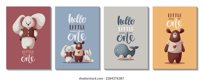 Set of Cards with teddy bear, bunnies, wooden whale and handwritten text. Children's toys, kid's shop, playing, childhood concept. Vector Illustration for card, postcard, cover.