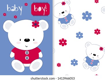 A set of cards with a Teddy bear and children's pattern. Charming print for children, poster, children's clothing, postcard. Vector illustration.
