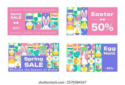 Set of cards template with Happy Easter patterns and icons, Bauhaus Geometric style with text Sale