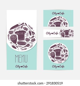 Set of cards templates with doodle food. Cafe branding. Template menu, business card, banner, flyer, poster in vector. Illustration with place for text