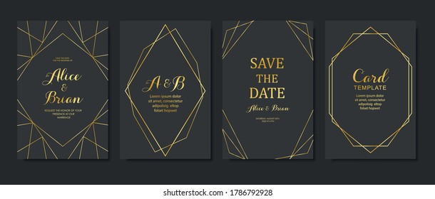 Set of cards templates with gold geometric polygonal border. Art deco style for wedding invitations, gift
cards, flyers brochures.  Vector illustration.
