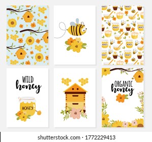 Set of  cards and templates for organic food design with honey, beehive, patterns, bee, flowers. Vector illustration 