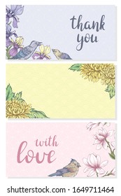 Set of cards / templates. Thank you, with love. Cards with flowers and birds.