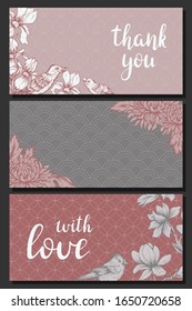  Set of cards / templates. Thank you, with love. Cards with flowers and birds