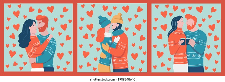 A set of cards and templates for Valentine's Day. The couple hugs. Young people in love. A man and a woman on the background of hearts. Flat cartoon vector illustration.