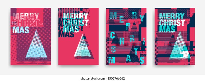 Set of cards with text Merry Christmas. Artistic and unusual Christmas tree design with bright colors. Geometric shapes and halftone effect. Vector illustration