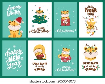 The set of cards with tigers 2022 and quotes about Happy New Year, Merry Christmas. The vintage images is good for holiday designs. The vector illustration