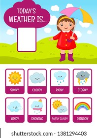 Set of cards "Today weather is...". Cartoon illustration of different weather phenomena. Material for teaching children. Cute girl with an umbrella.
