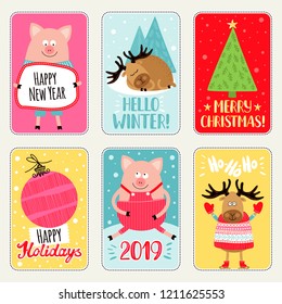 Set of cards with traditional greetings. Winter holidays