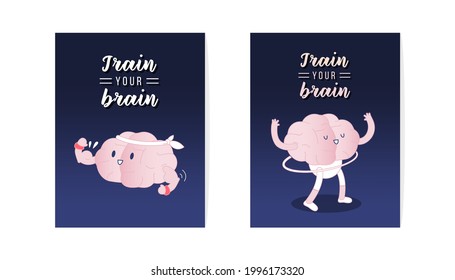 Set Cards Train Your Brain. Brain Show It's Biceps, Happy Brain with Hands Up and Hula Hoop on Dark Background. Modern Flat Vector Illustration. Lettering Composition. Social Media Template. 