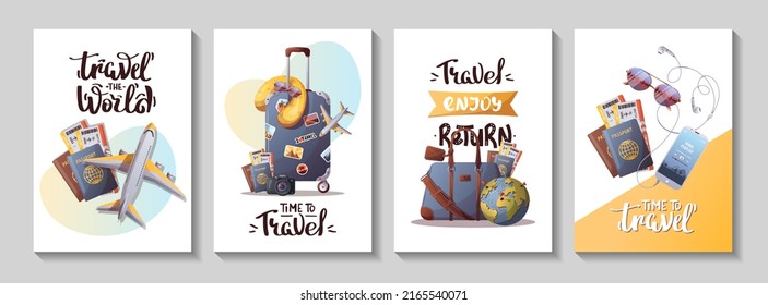 Juego de tarjetas para viajes, turismo, aventura, viaje. Maleta, avión y globo, cámara, bolso de viaje, pasaporte y boletos, frases escritas a mano. Ilustración vectorial, postcar, portada, plantilla de afiches.