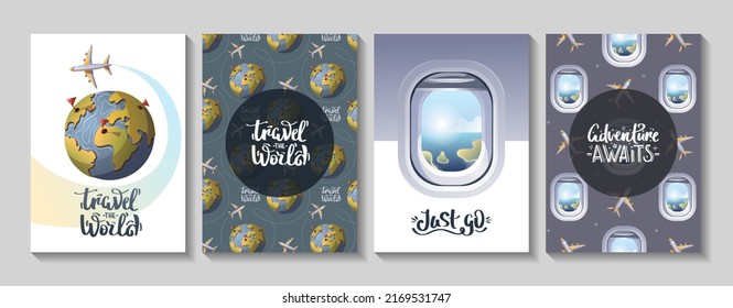 Set of cards for travel, tourism, adventure, journey. Airplane and globe, plane window, handwritten lettering. Vector illustration. Postcard, cover, poster template.