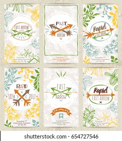 Set of the cards with tribal logotypes and leaves