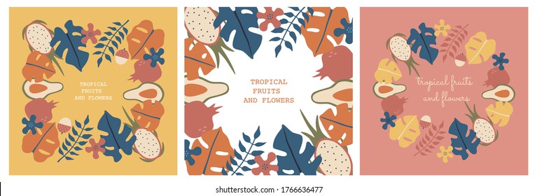 Set of cards with tropical leaves and fruits in circle template. Posters, placards and banners template. Hand drawn vector illustration in modern flat flat style, isolated dark background.