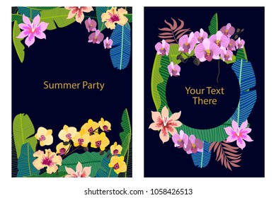 Set of cards with tropical plants on black background. Palm and banana orchids, leaves, fruits, exotic flowers. Template for covers, banners, wedding party invitations.
