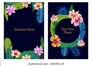 Set of cards with tropical plants. Palm and banana leaves, flowers. Template for covers, banners, wedding invitations. On black background.