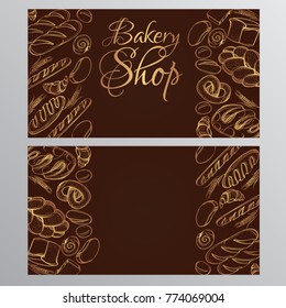 Set of cards with types of baking: bagel, baguette, bread, breadhouse, croissant, roll, cake, pretzel, loaf. Monochrome vector illustration on brown background with lettering