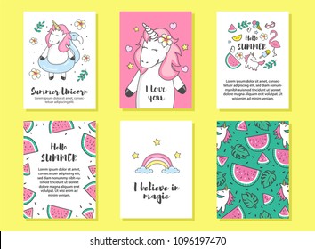 Set cards with unicorns. Poster, postcard, label for printing. Greeting cards with unicorns, hand written text. Summer collection. Set of summer icons and design elements. 