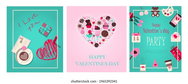 Set cards for valentine s day. Romantic picture in pink, turquoise and red. A music store with records and songs for the holiday of all lovers. Vector illustration for the app, website and advertising