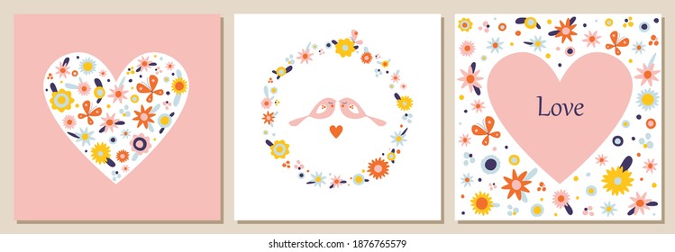 Set of cards for Valentine's Day. Birds, hearts, flowers.