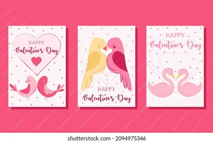 set of cards for valentine's day, collection with birds, february 14, greeting cards with doves and swans