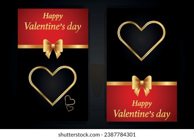Set of cards for Valentine's Day. Collection of black and red posters with golden heart and bow. Romantic collection for your design. Vector illustration.
