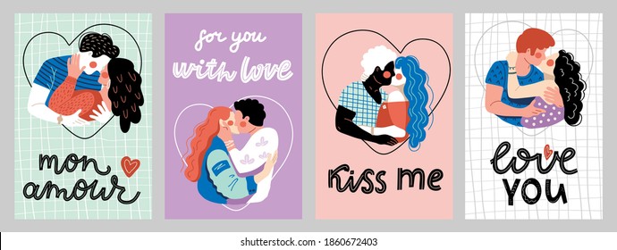 Juego de tarjetas para el día de San Valentín. Las parejas se besan y abrazan apasionadamente. Conjunto de ilustraciones de hombres y mujeres encantados. ¡Feliz Día de San Valentín, 14 de febrero!