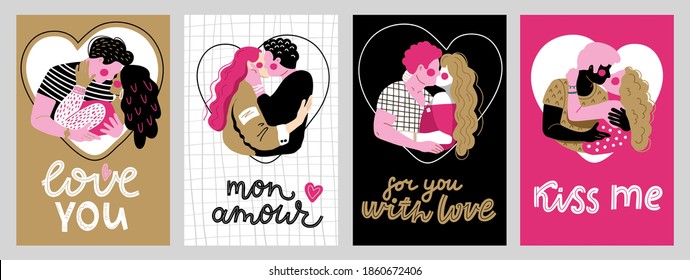 Set of cards for valentine's day. Couples kiss and hug each other passionately. Set of illustrations of enamored man and woman. Happy Valentine's Day, February 14!