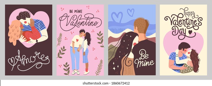 Set of cards for valentine's day. Couples kiss and hug each other passionately. Set of illustrations of enamored man and woman. Happy Valentine's Day, February 14!