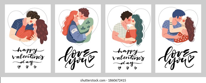 Kartenset für den Valentinstag. Paare küssen und umarmen sich leidenschaftlich. Set von Illustrationen von emaillierten Mann und Frau. Alles Gute zum Valentinstag, den 14. Februar!