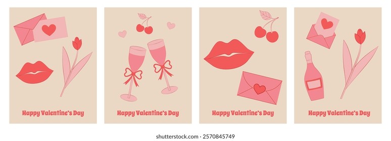 Set of cards for Valentine's Day. Cute template for flyer, poster, advertisement, cover, invitation, greeting, party. Vector illustration.