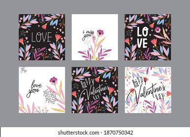 set cards Valentine's day. Valentine's day greeting cards. postcards with flowers and hearts, pink flowers and twigs. graphic ornamental plants. greeting cards I love you, miss you and happy Valentine