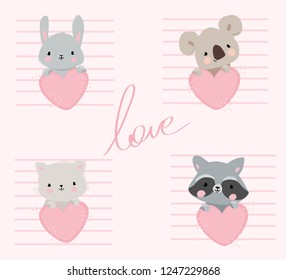 Set of cards for Valentines day with hand drawn cute little animals with a heart. Vector illustration.