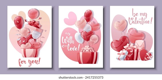 Set of cards for Valentine's Day and Mother's Day. Poster, banner with balloons and gift box. Background with flying helium balloons in the shape of hearts