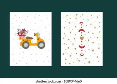 A set of cards for Valentine's Day. Pictures with yellow transport and romantic elements of hearts. Twinkling gold stars, Hearts, gift box, Motorbike, Flower delivery. Collection for Valentine's Day.