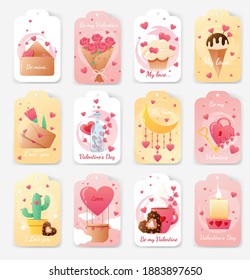 Set of cards for Valentine's Day. Postcard with cute ice cream and cactus candle. Set of elements for st. Valentine's Day. Vecton illustration
