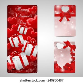 Set of cards for Valentines day with presents and hearts.