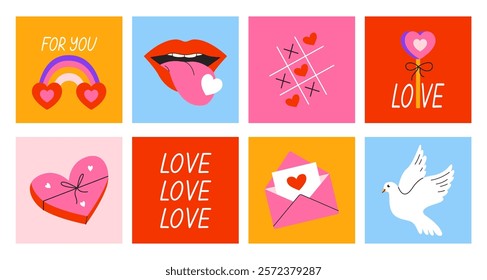 Set cards for Valentines Day in retro trendy style 90s. Romantic and love elements. Bright minimalist posters. Vector decor of print and postcards