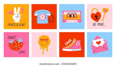 Set cards for Valentines Day in retro trendy style 90s. Romantic and love elements. Bright minimalist posters. Vector decor of print and postcards