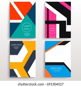 Set of cards with various geometric shapes. Geometrical abstract design. Usable for banners, covers, layout and posters. Vector. A4 size