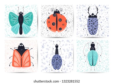 Set of cards with vector cute cartoon bug or beetle, flat and doodles, scandinavian style. white background. Ideal for print, greeting card, nursery poster 